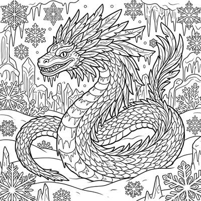 Dive into a mythical winter with this unique Quetzalcoatl coloring page. Experience the grandeur of the Feathered Serpent deity amidst a breathtaking snowy landscape, ready for your artistic touch.