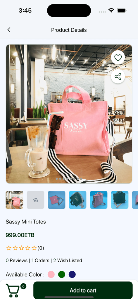 Gojo Shop - Aplicación móvil Gojo Shop que muestra los detalles del producto de un bolso Sassy Mini Tote rosa con precio en ETB.