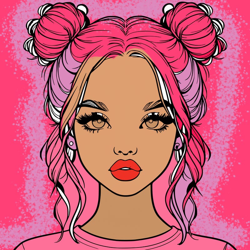 realistic girl with two buns in hair and lips