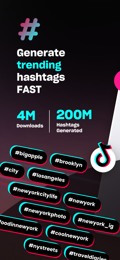 Grafica promozionale per l'app Hashtag Expert che mostra hashtag di tendenza e statistiche degli utenti per la crescita dei social media