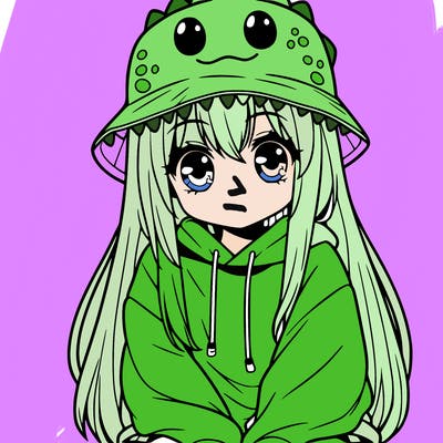 girl with anime shaped eyes with a dinosaur bucket hat oversized sweatshirt long straight hair