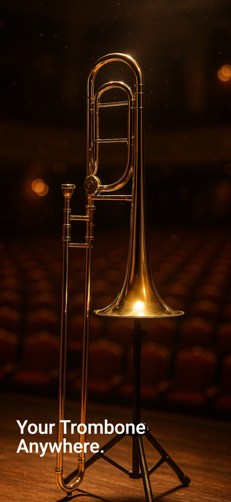 Trombone Sim - A professional trombone on a stage with the text Your Trombone Anywhere