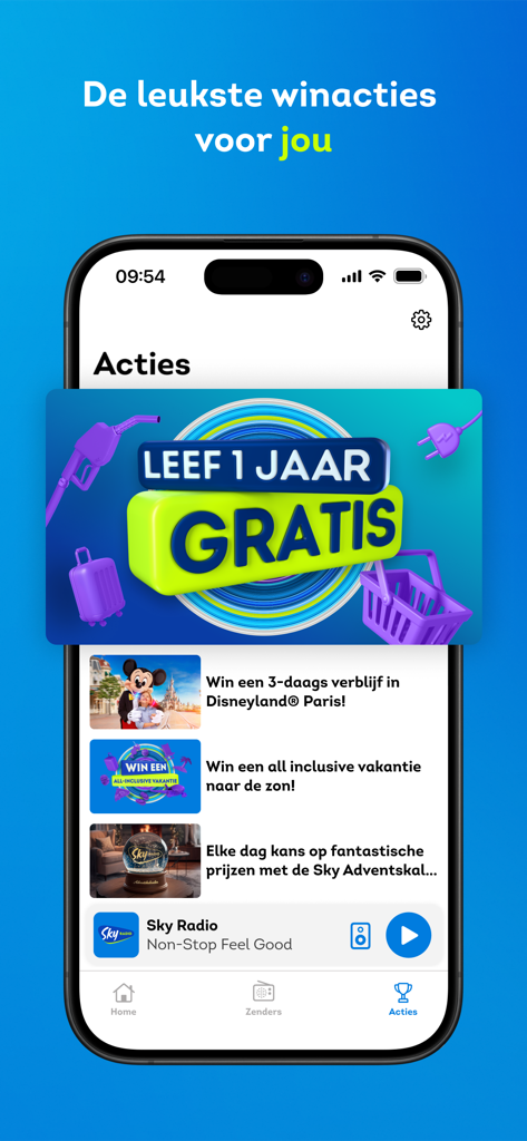 Sky Radio app screen showing promotional giveaways and win actions like free vacations and Disneyland Paris trips.