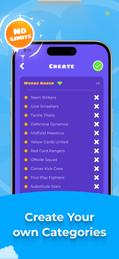 Interface for creating personalized categories and adding custom words in the Charades party game app