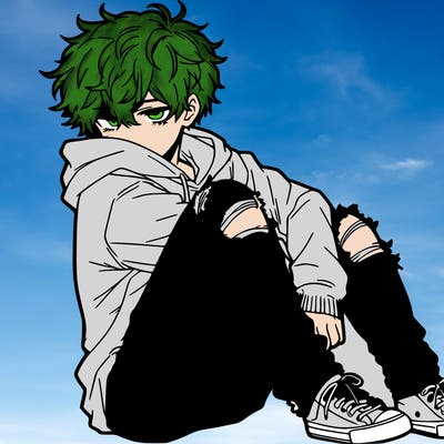 a male hoddie ripped jeans messy hair anime