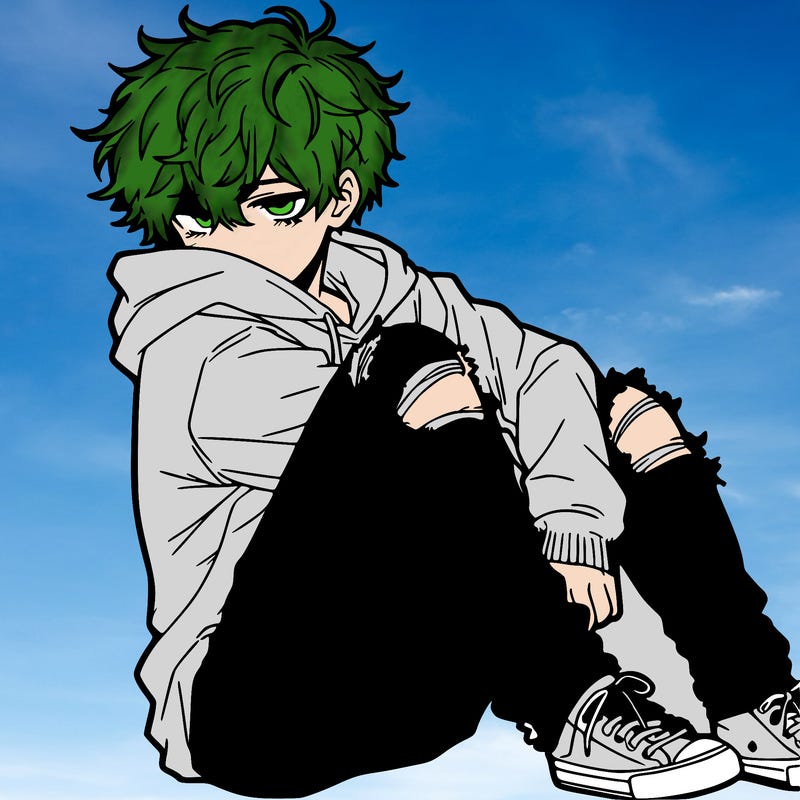 a male hoddie ripped jeans messy hair anime