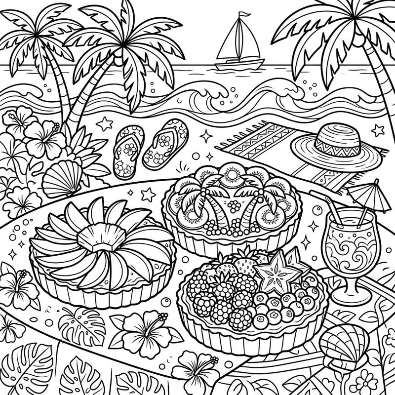 Escape to a sunny paradise with this vibrant coloring page featuring delicious fruit tarts set against a picturesque beach backdrop. Get ready to add your favorite colors to this delightful summer scene.