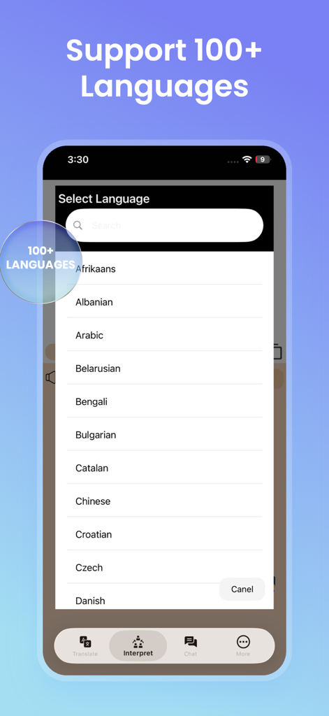 Offline Language Translator - Schermata di selezione della lingua che mostra varie lingue supportate nell'app del traduttore offline