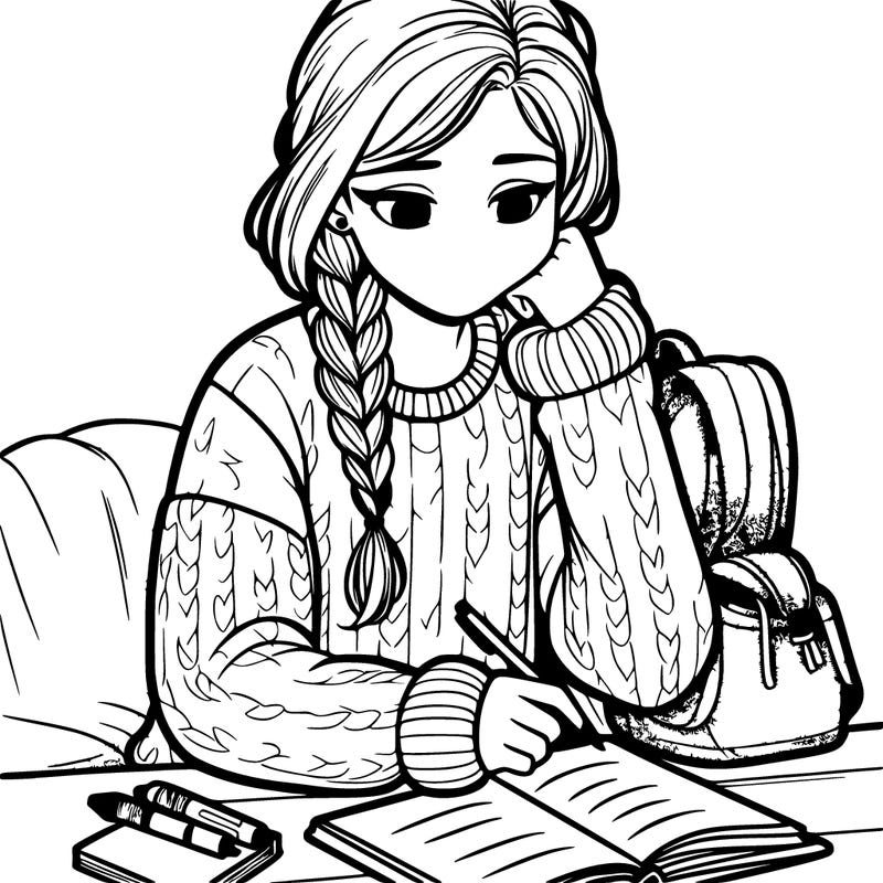 teenage girl doing homework in a comfy sweater