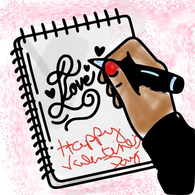 a hand writing “love” in calligraphy on a notebook