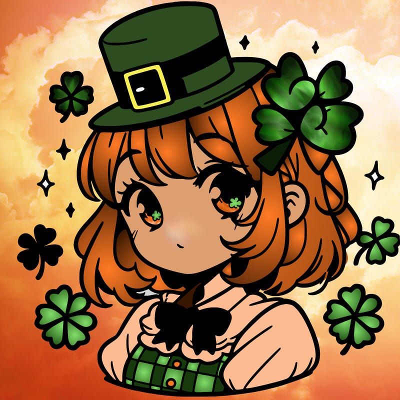 a manga-style girl with clovers around her, a little hat in her hair, like it's saint patrick's day