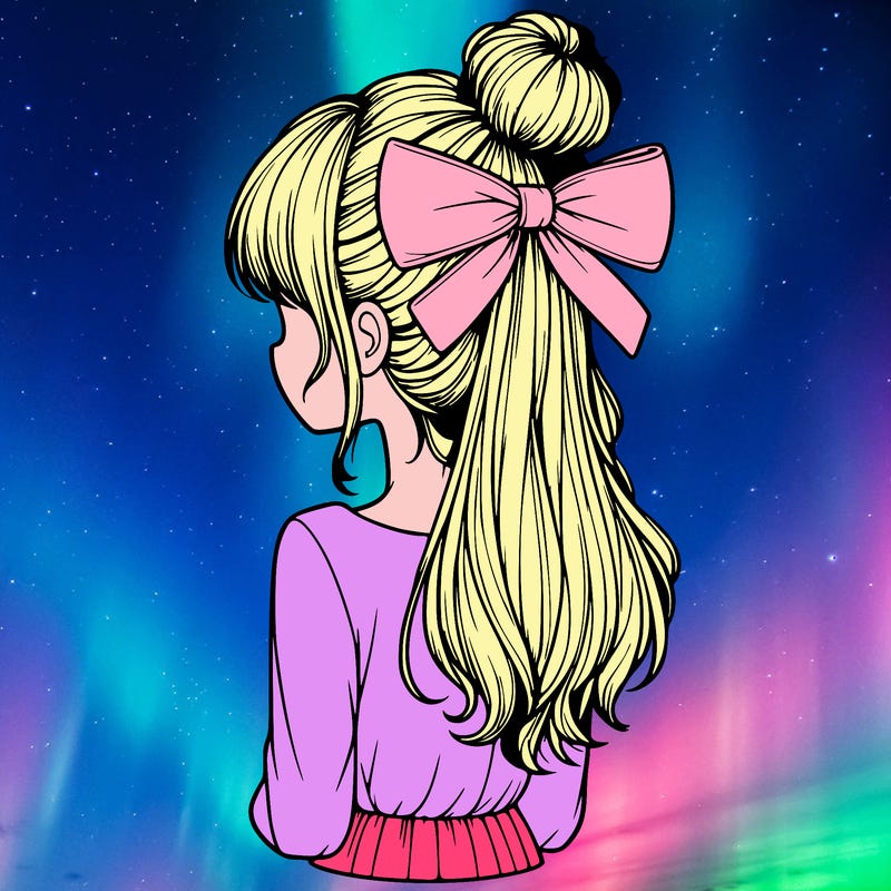 realistic girl  with hip length hair a bun and a big bow on the back of head