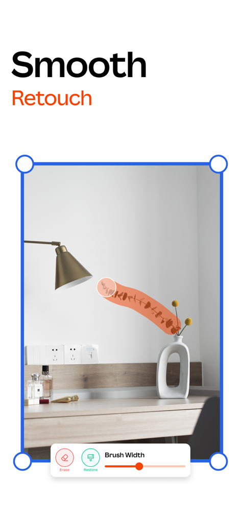 Remove.bg - A mobile app interface showing a smooth retouch feature being used to erase an object from a photo with a red brush tool