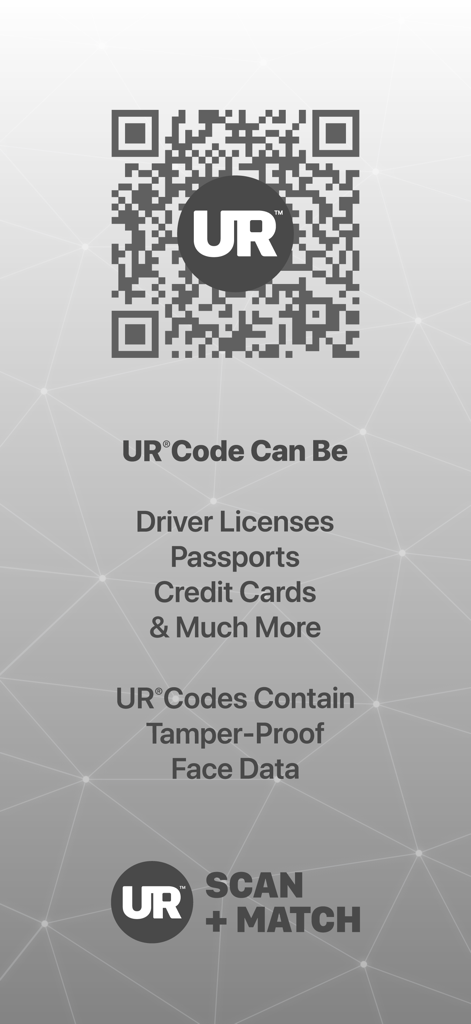 Scan + Match - Pantalla de la aplicación Scan and Match explicando los casos de uso del código UR para licencias de conducir y pasaportes con datos faciales a prueba de manipulaciones