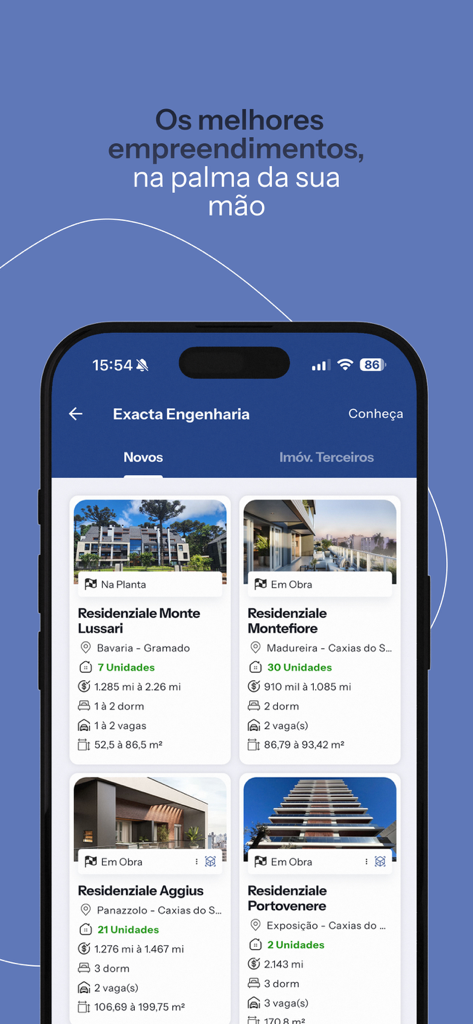 Bloco App - Tela de smartphone exibindo uma lista de projetos de desenvolvimento imobiliário no Bloco App.