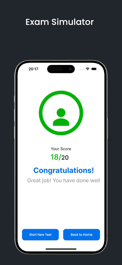 DMV Written Test Prep 2026 - Pantalla del simulador de examen del DMV que muestra una puntuación exitosa de 18 de 20 con un mensaje de felicitación