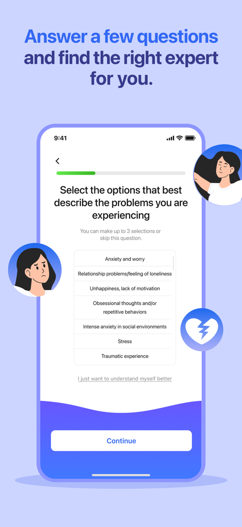 Hiwell Therapy & Mental Health - Hiwellアプリの質問票インターフェース。ユーザーはメンタルヘルスの懸念を選択して、マッチするセラピストまたは栄養士を見つけます