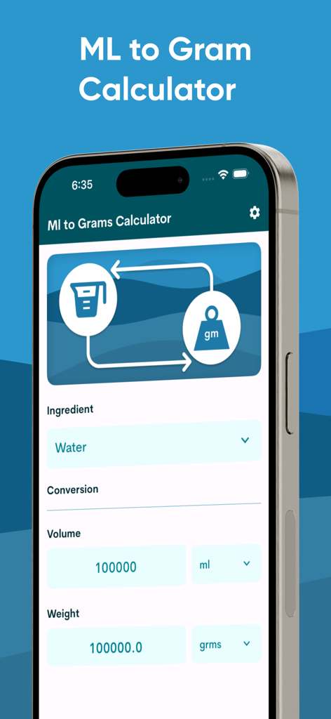 Interfaccia dell'app mobile ML to Gram Calculator che mostra la conversione da volume a peso per l'acqua