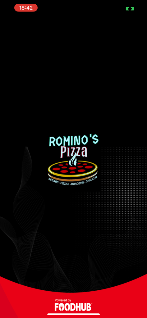 Rominos Pizza - Splash screen of the Rominos Pizza mobile app featuring the logo and Foodhub branding.