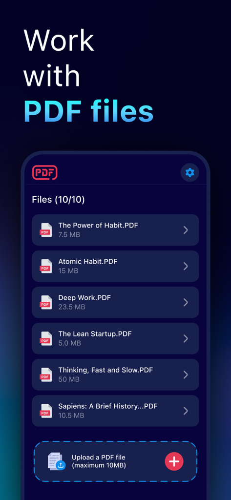 Atomic HabitsやDeep WorkのようなアップロードされたPDFファイルのリストを示すChatPDFアプリのインターフェース。