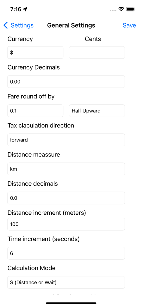 TAXImet - Taximeter - General settings screen of the TAXImet app for configuring fare and distance calculations