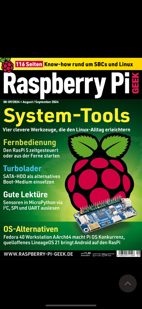 Front cover of Raspberry Pi Geek magazine featuring articles on Linux system tools and hardware tutorials.
