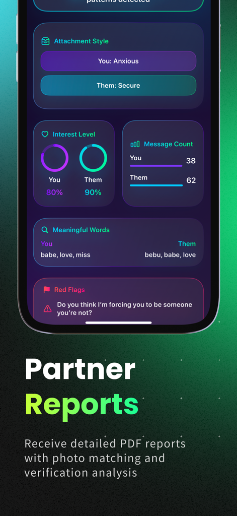 Buster AI - Catch a Cheater - A mobile interface of Buster AI showing relationship metrics like attachment style interest level message count and red flag detection