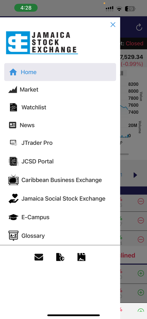 Side navigation menu of the JSE Mobile app showing various financial tools like market watchlist news and trader portal