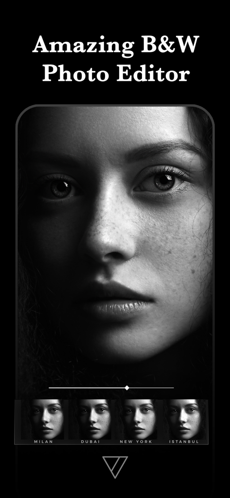 Carbon - B&W Filters & Effects - Carbon-App-Oberfläche mit einem Schwarz-Weiß-Porträt und Monochrom-Filter-Voreinstellungen