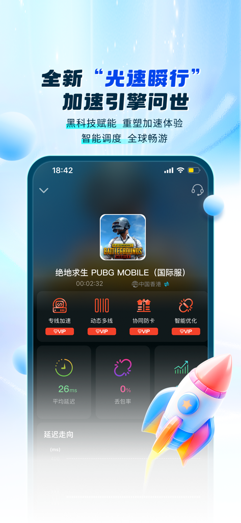 Una captura de pantalla de la interfaz de la aplicación YouBangBang Accelerator que muestra baja latencia y cero pérdida de paquetes para PUBG Mobile