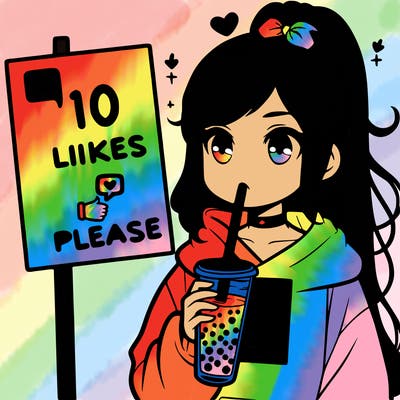 girl with a high ponytail and a hoodie drinking boba staring at a sign saying 10 likes please