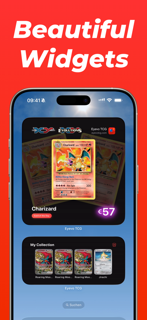 Eyevo TCG ‒ Card Scanner - Eyevo TCG app widgets on an iPhone home screen showing a Charizard card and user collection.