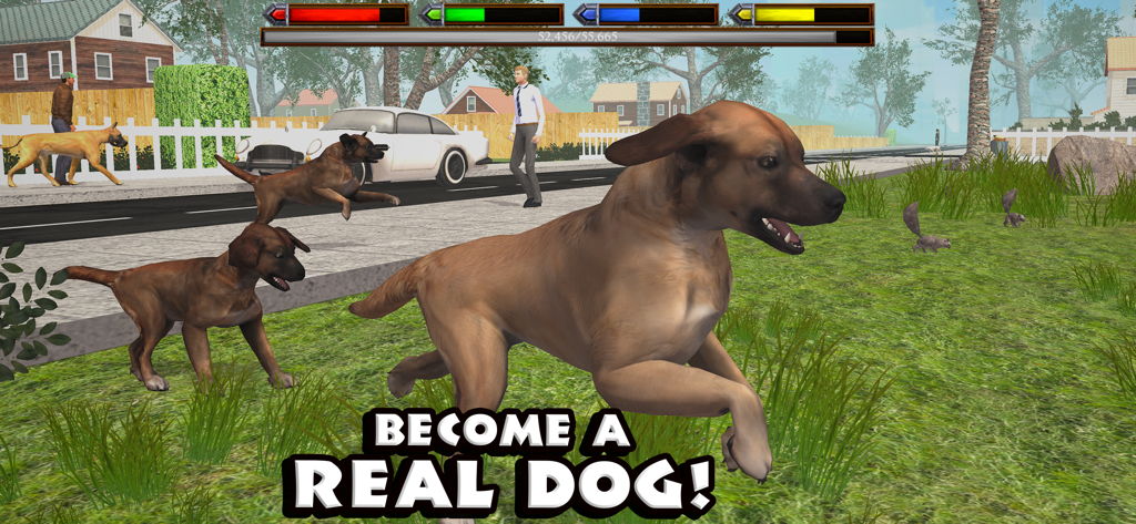 Ultimate Dog Simulator - A pack of different dog breeds exploring a suburban neighborhood in the game Ultimate Dog Simulator