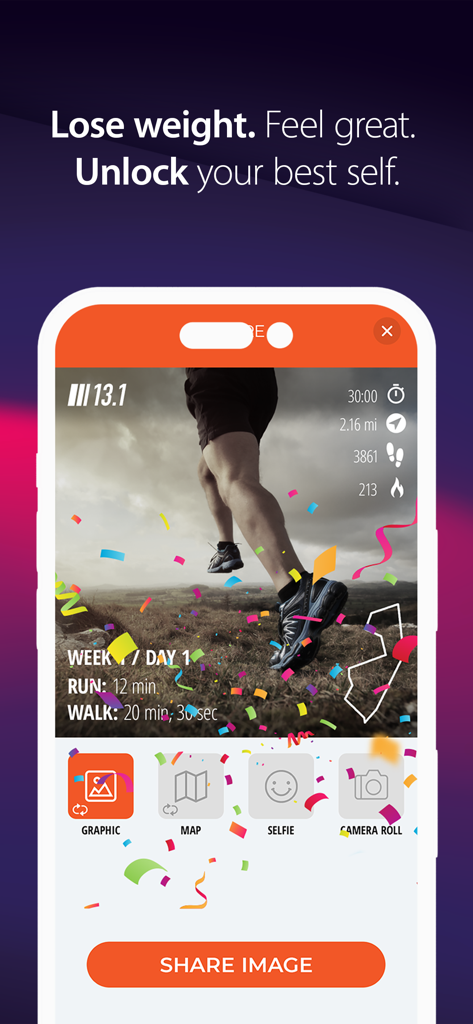 Half Marathon Trainer app workout results share screen with runner and confetti