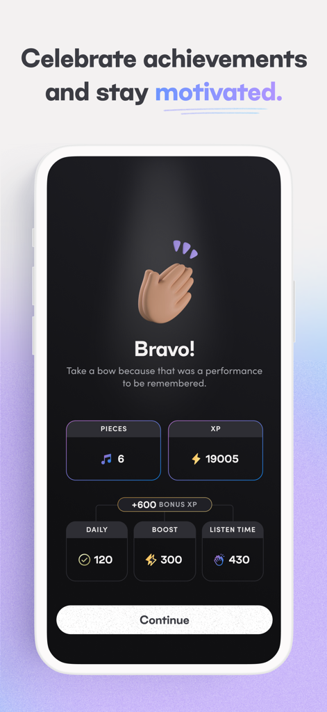 Pantalla de logros de la aplicación Tonic Music que muestra el mensaje Bravo y los puntos XP ganados.