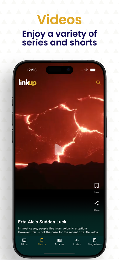 LinkUp Addis app showing video series and shorts on a smartphone screen.