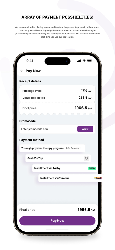 Refd | رفد - Refd app checkout screen showing receipt details and payment options including installments