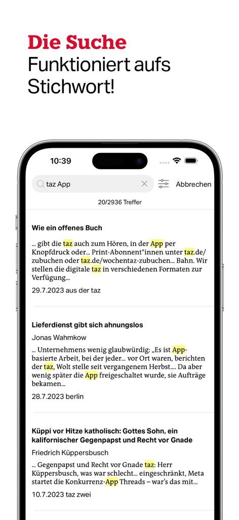 Keyword search interface in the taz news app showing highlighted search results