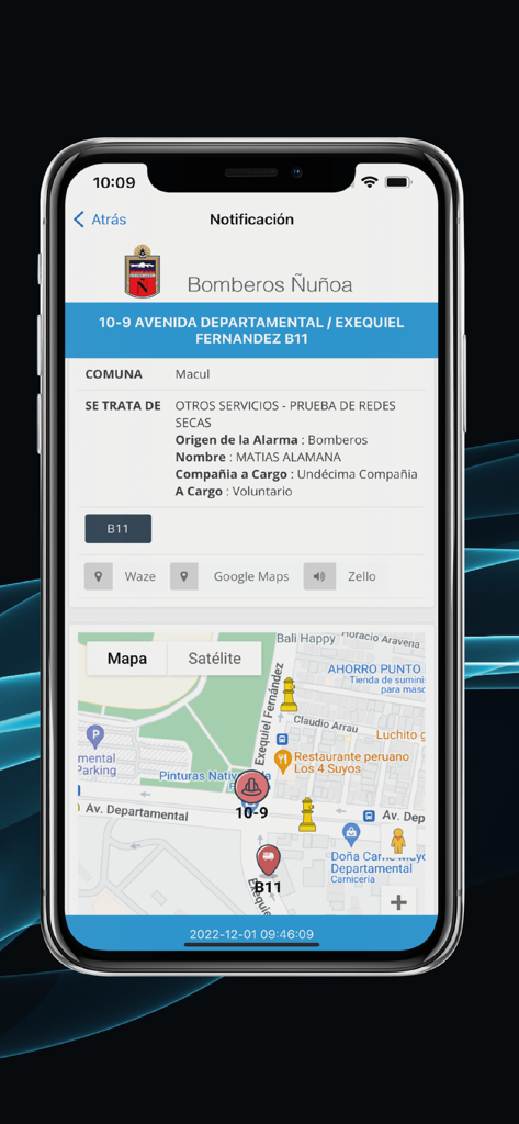VIPer - Pantalla de smartphone que muestra una notificación de despacho de emergencia con mapa y detalles del incidente en la aplicación VIPer