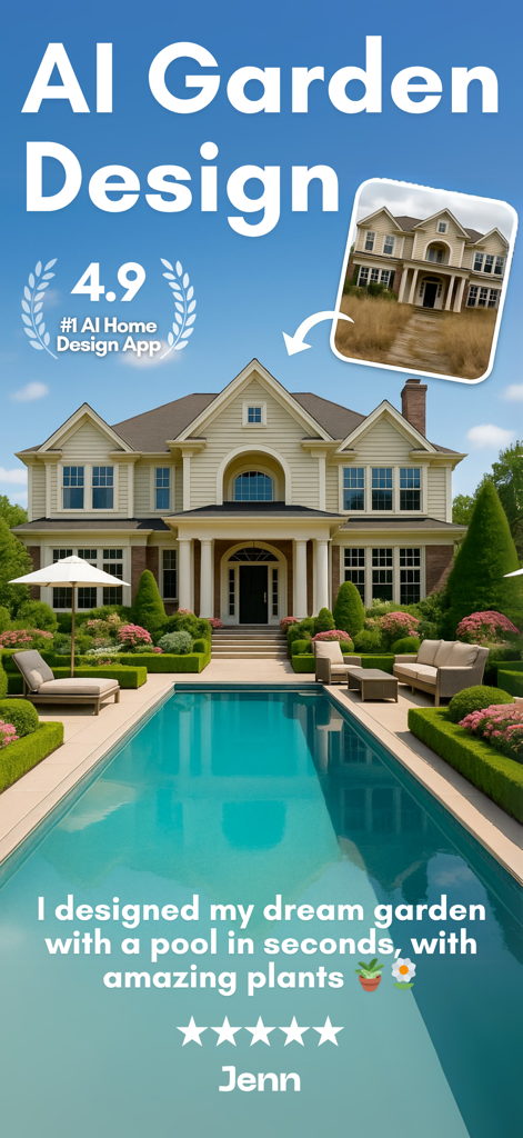 AI Garden Design: AI Landscape - AI-generated backyard transformation showing a luxury pool and garden design makeover from a plain house yard.