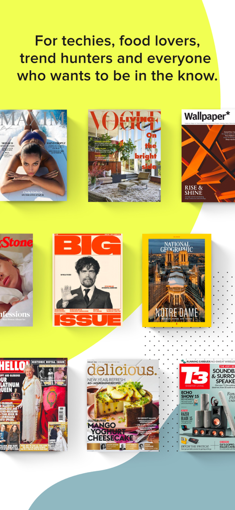 Una selezione di copertine di riviste digitali popolari, tra cui National Geographic e Vogue dalla biblioteca ZINIO Unlimited