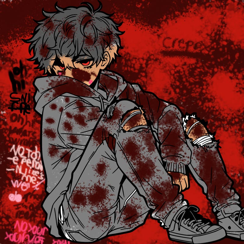 a male hoddie ripped jeans messy hair anime