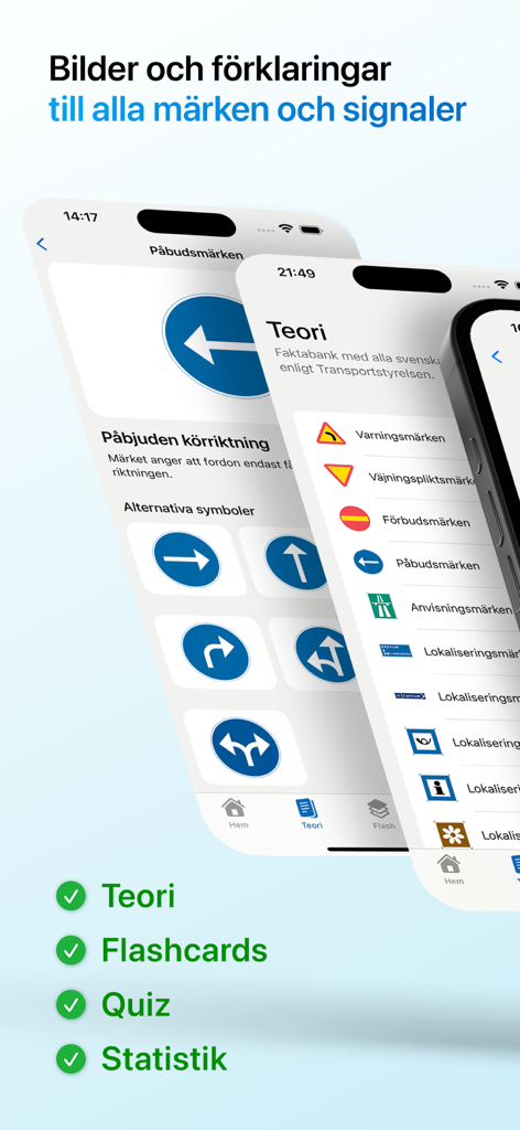 Vägmärken – ta körkort - Screenshots of a Swedish driver license theory app showing road signs and study categories.
