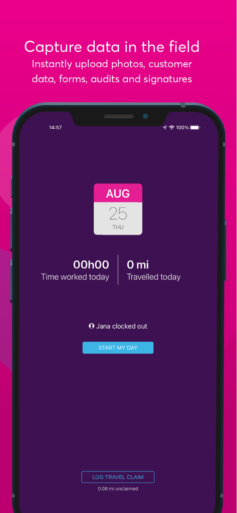 Skynamo - Pantalla de la aplicación móvil Skynamo para que los representantes de ventas de campo rastreen el tiempo de trabajo y la distancia de viaje