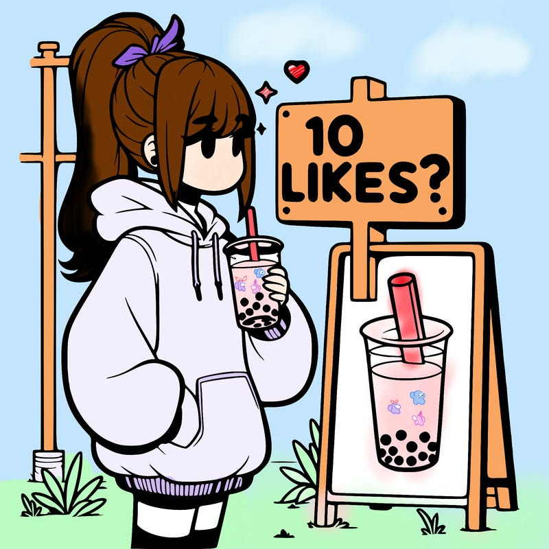 girl with oversized hoodie drinking boba and she has a high ponytail with a sign that says 10likes?