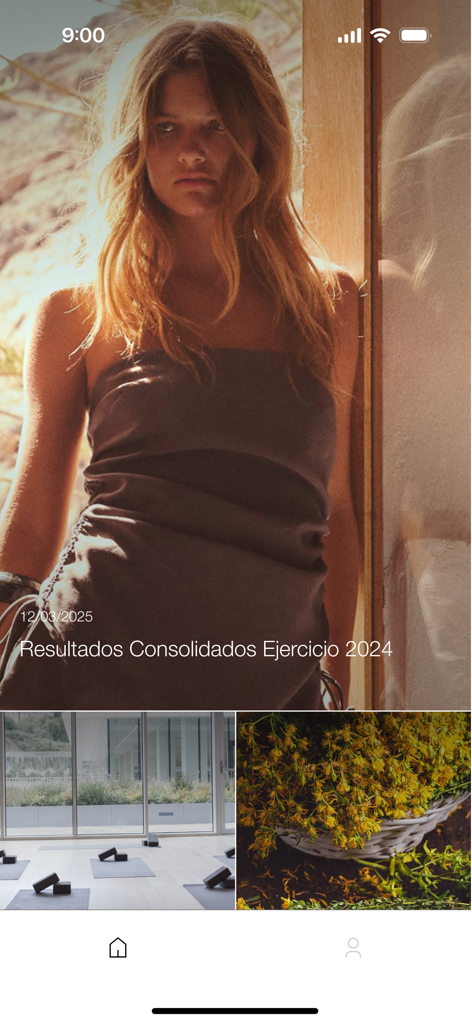 Écran d'accueil de l'application INET affichant les actualités de l'entreprise et les mises à jour lifestyle pour les employés d'Inditex.