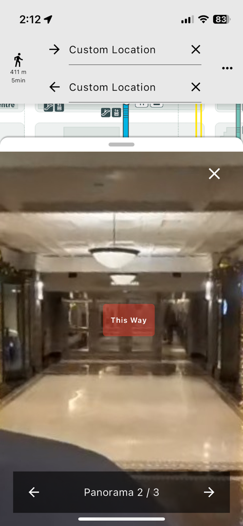 Pathmap - A panorama view within the Pathmap app showing an indoor hallway in the Toronto PATH with a directional indicator.