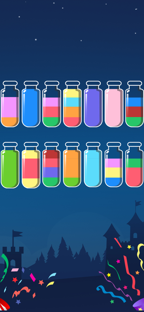 Water Sort Puzzle - Water Sort Puzzleアプリの、層になった着色された液体が入ったガラス瓶
