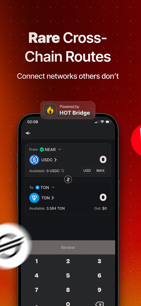 HOT Crypto Walletアプリインターフェース。NEARとTONネットワーク間のアセットのブリッジング用です。