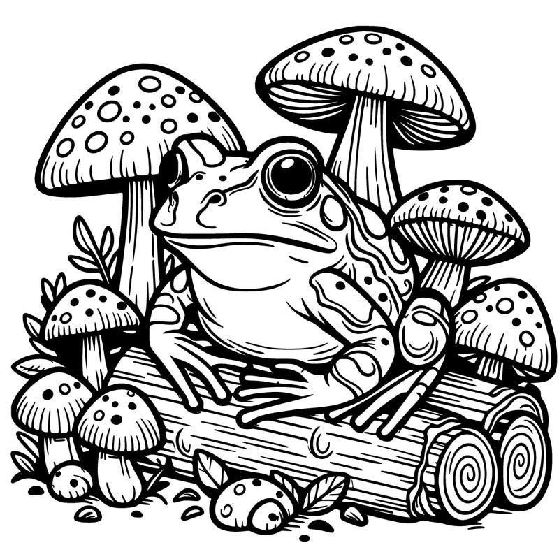 detailed frog with mushrooms